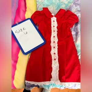 Red Kids Dress with Lace Trim